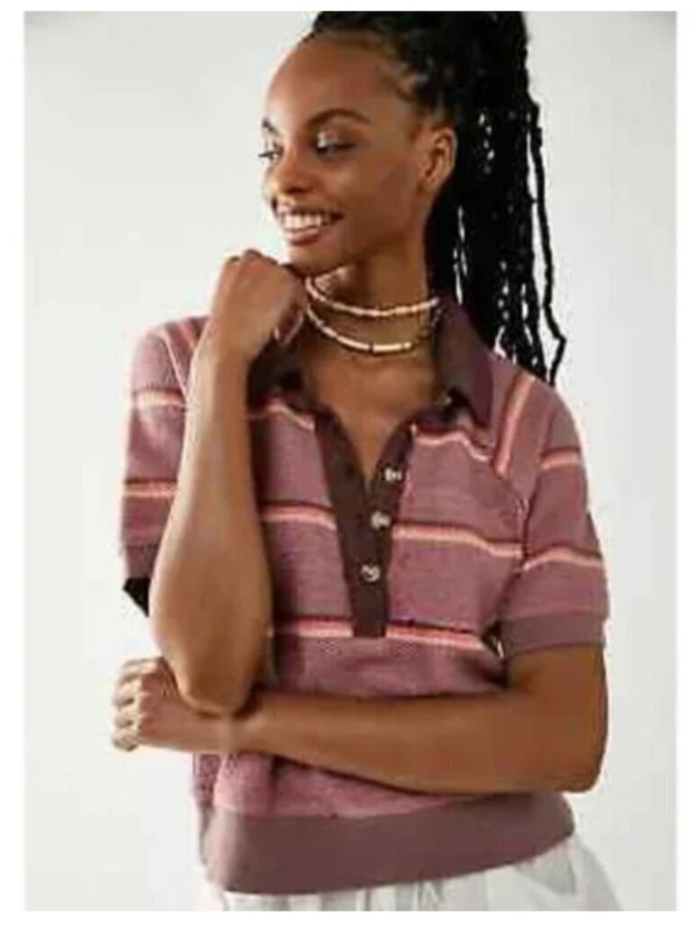 Free People "Suns Out" Mauve Striped Knit Polo with Contrast Trim. NWT